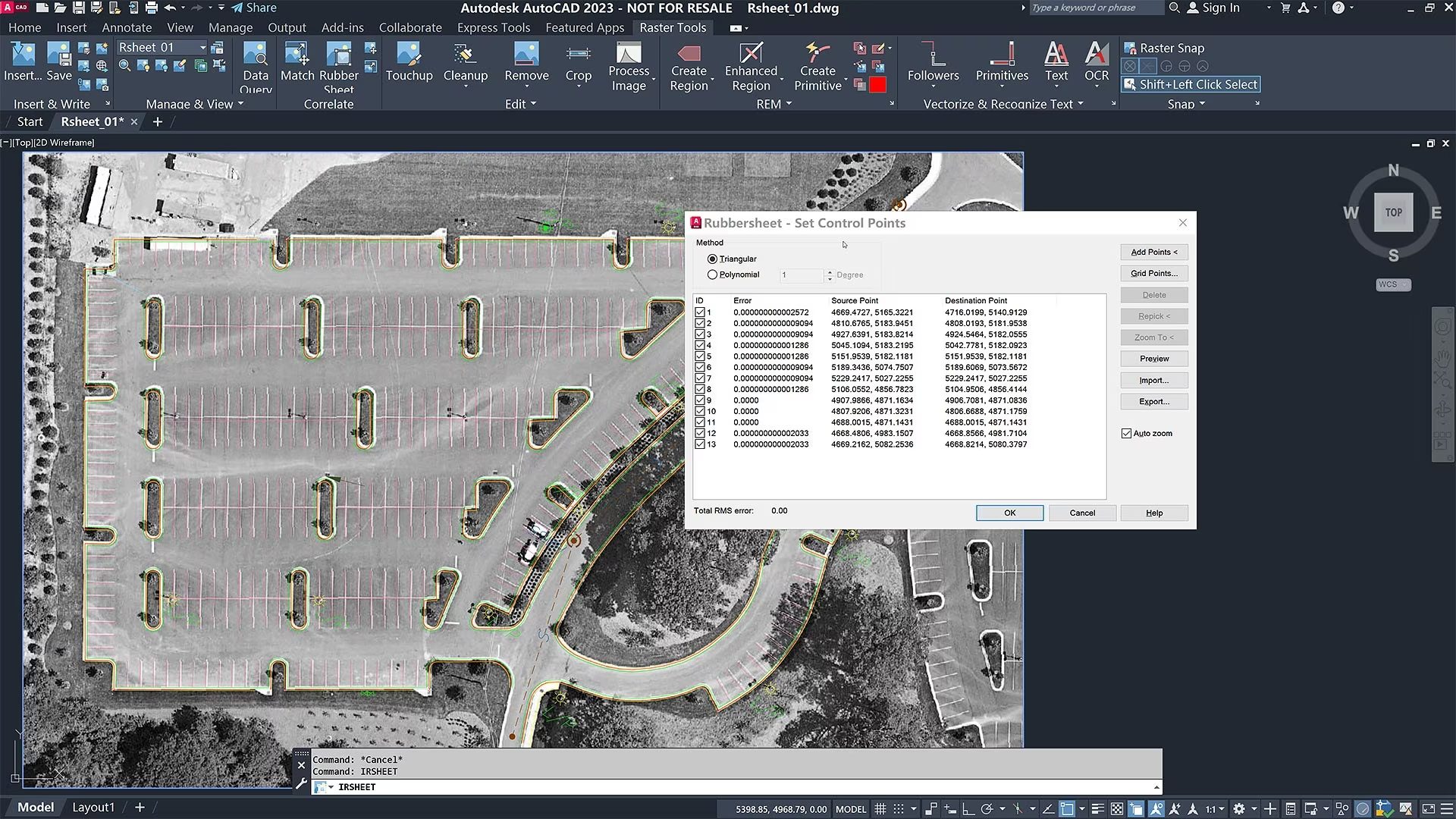 Autodesk autocad raster design 2022: computer screen showing parking lot map.