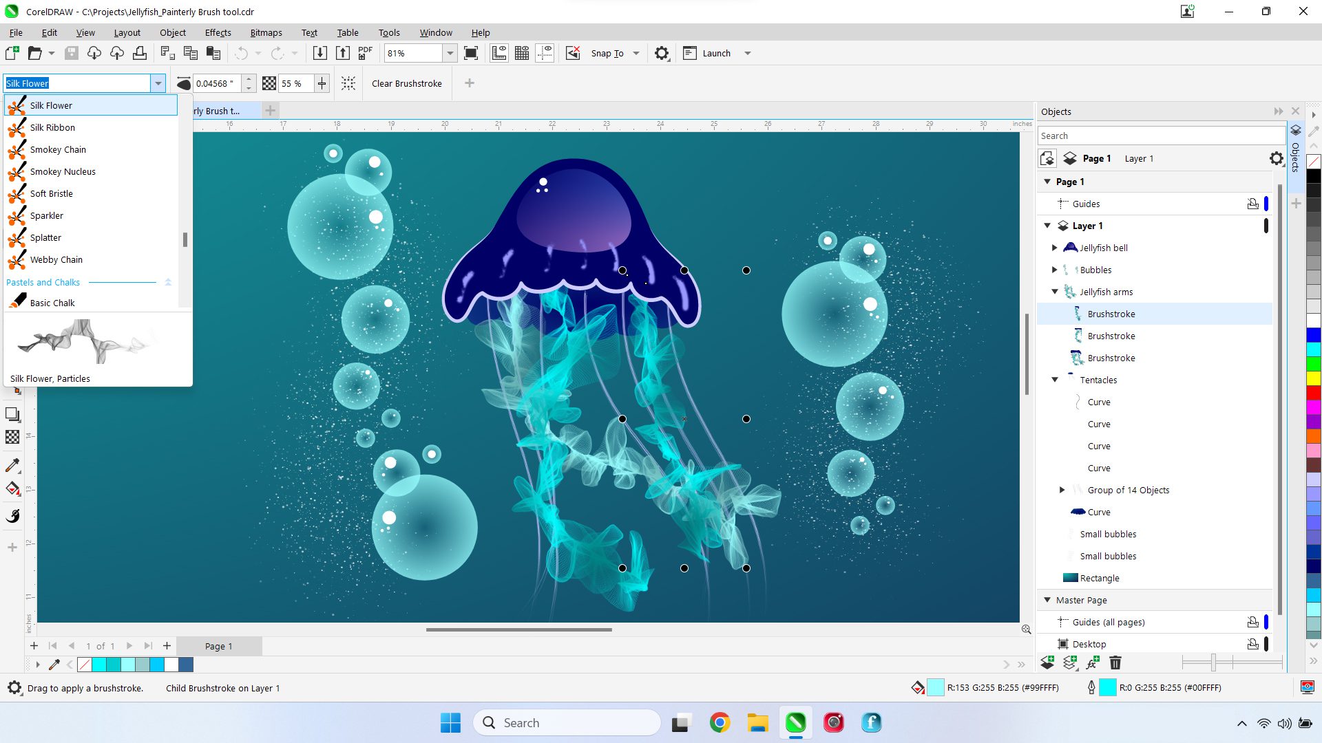Coreldraw graphics suite 2024 displaying a mesmerizing jellyfish on a computer screen.