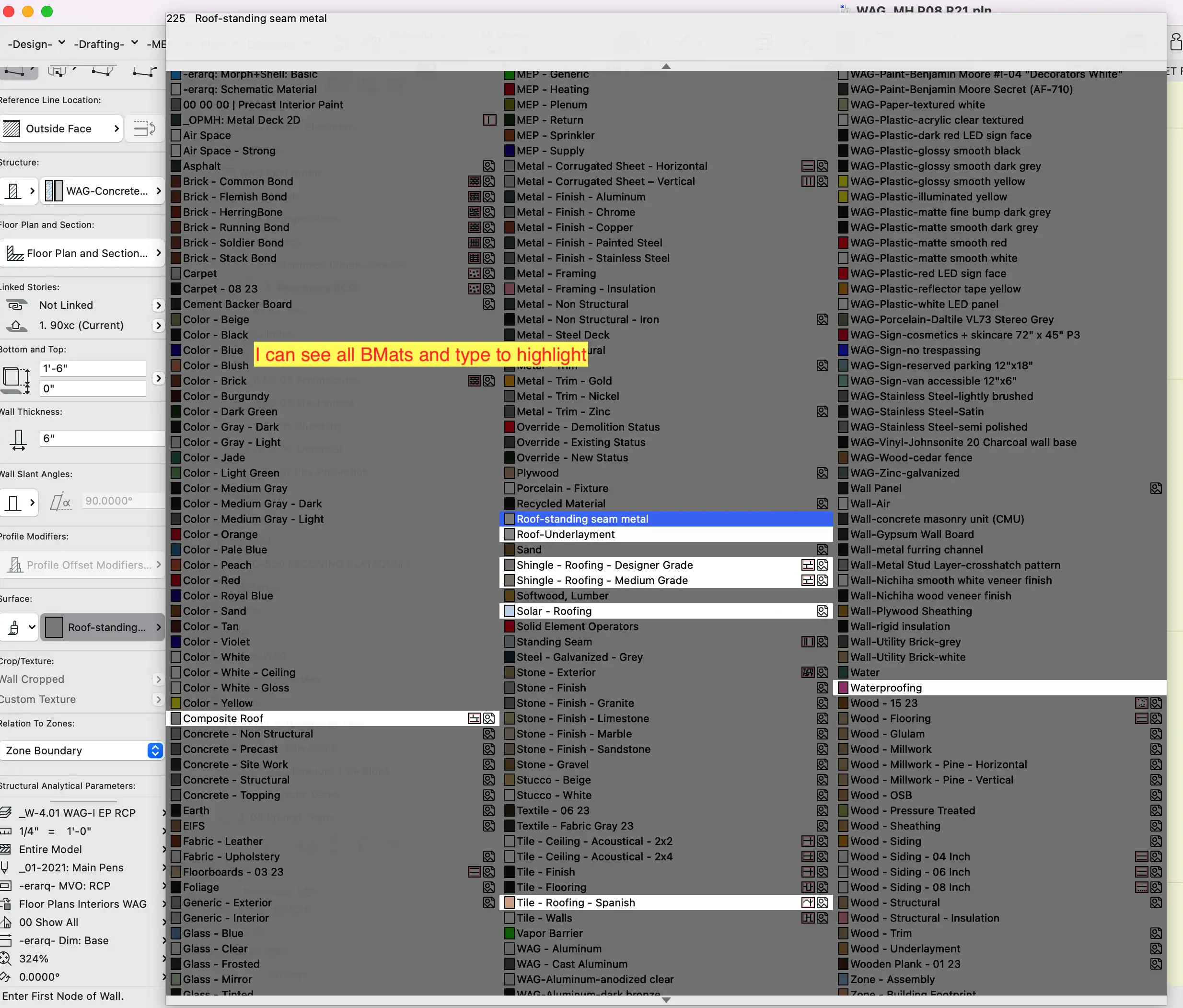 Screenshot of a software interface with a list of material names and properties. A search bar at the top and navigation menu on the left are visible. Highlighted text reads "i can see all bxmats and type to highlight" in graphisoft archicad 27 on mac.