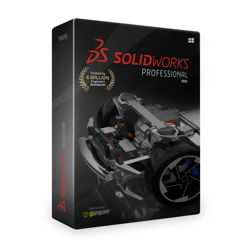 Solidworks premium 2025 software box. The cover showcases a 3d model of mechanical parts, including a wheel and chassis. Text highlights "trusted by 6 million engineers worldwide. " distributed by openengineer.