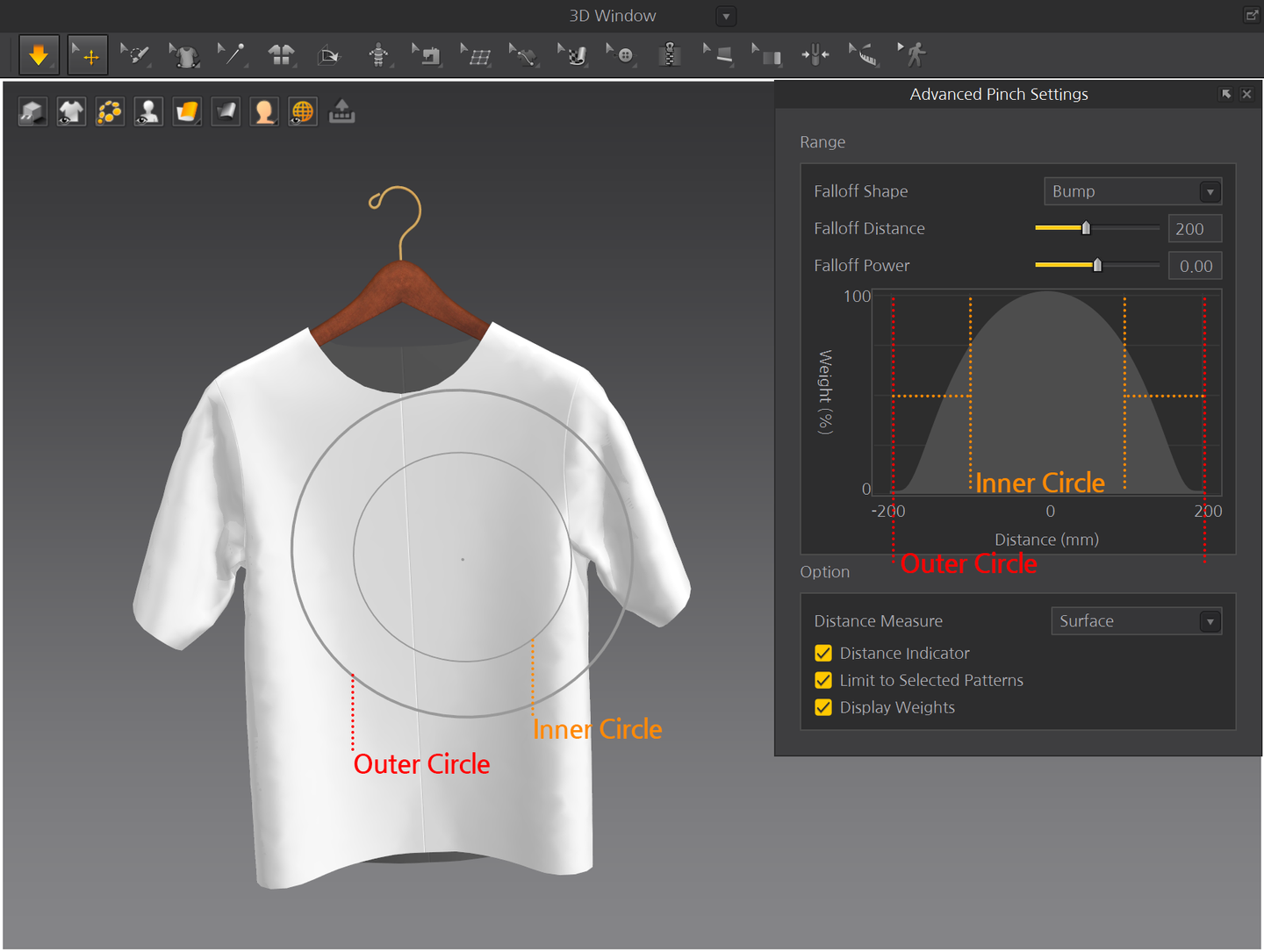 Marvelous designer enterprise visual indicator of falloff distance